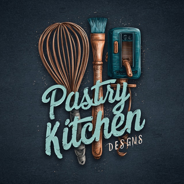 Pastry Kitchen Designs logo: a copper whisk, pastry brush and teal mixer behind hand-lettered script