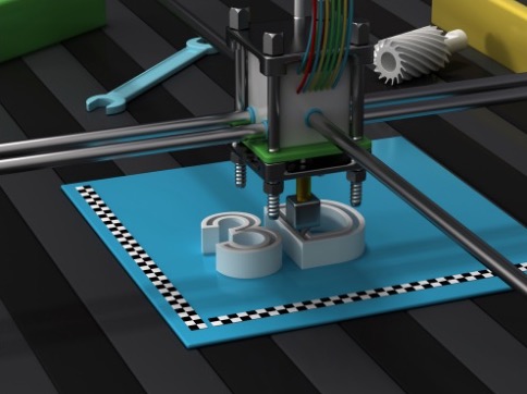 Rendering of a 3D printer printing the characters 3D on a blue bed